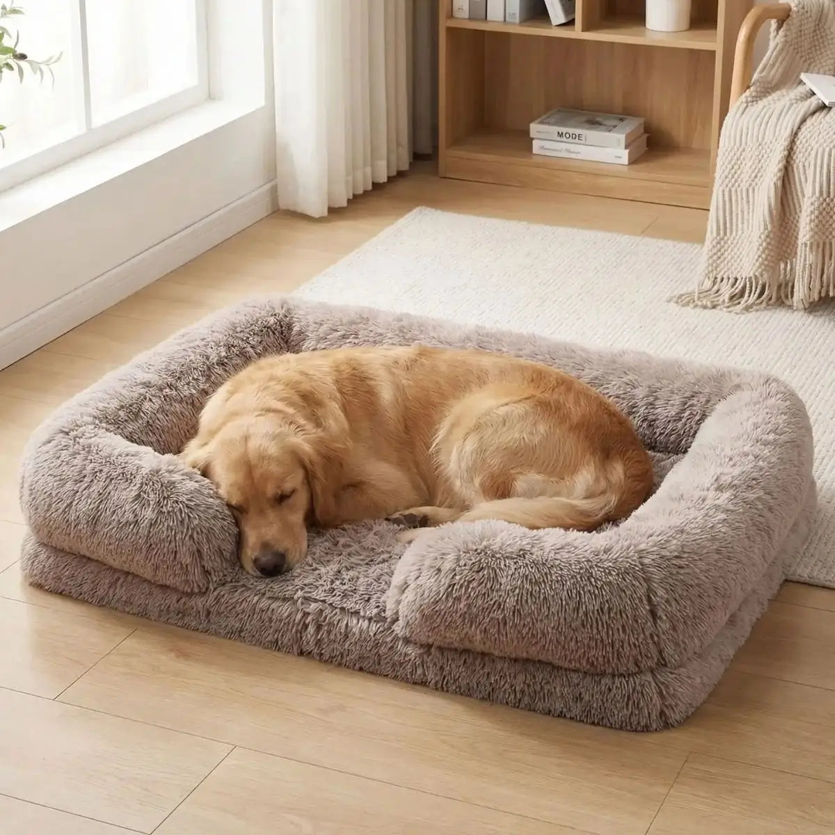 Panier pour chien beige moelleux avec chien allongé dans un salon lumineux