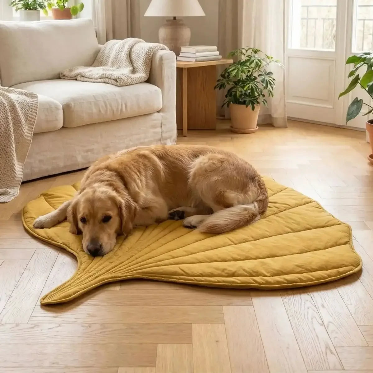Tapis pour chien jaune en forme de feuille avec chien allongé dans un salon lumineux