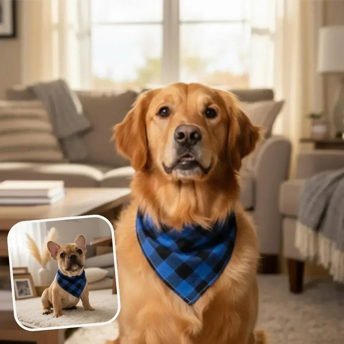 Golden et Bouledogue portant le bandana chien bleu à carreaux.