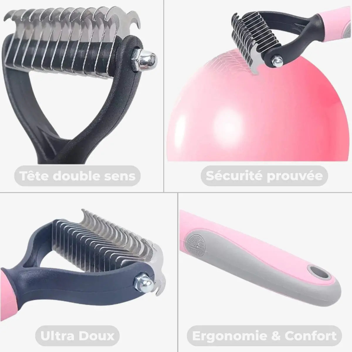 Détails techniques de la brosse chien poil long DémêlPro : tête double sens, sécurité et ergonomie.