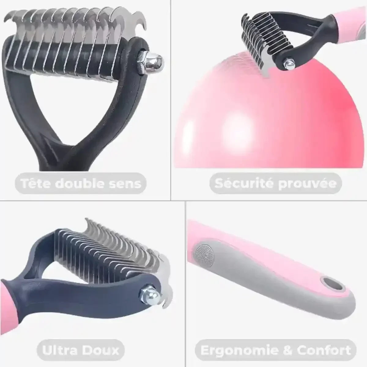 Détails techniques de la brosse chien poil long DémêlPro : tête double sens, sécurité et ergonomie.