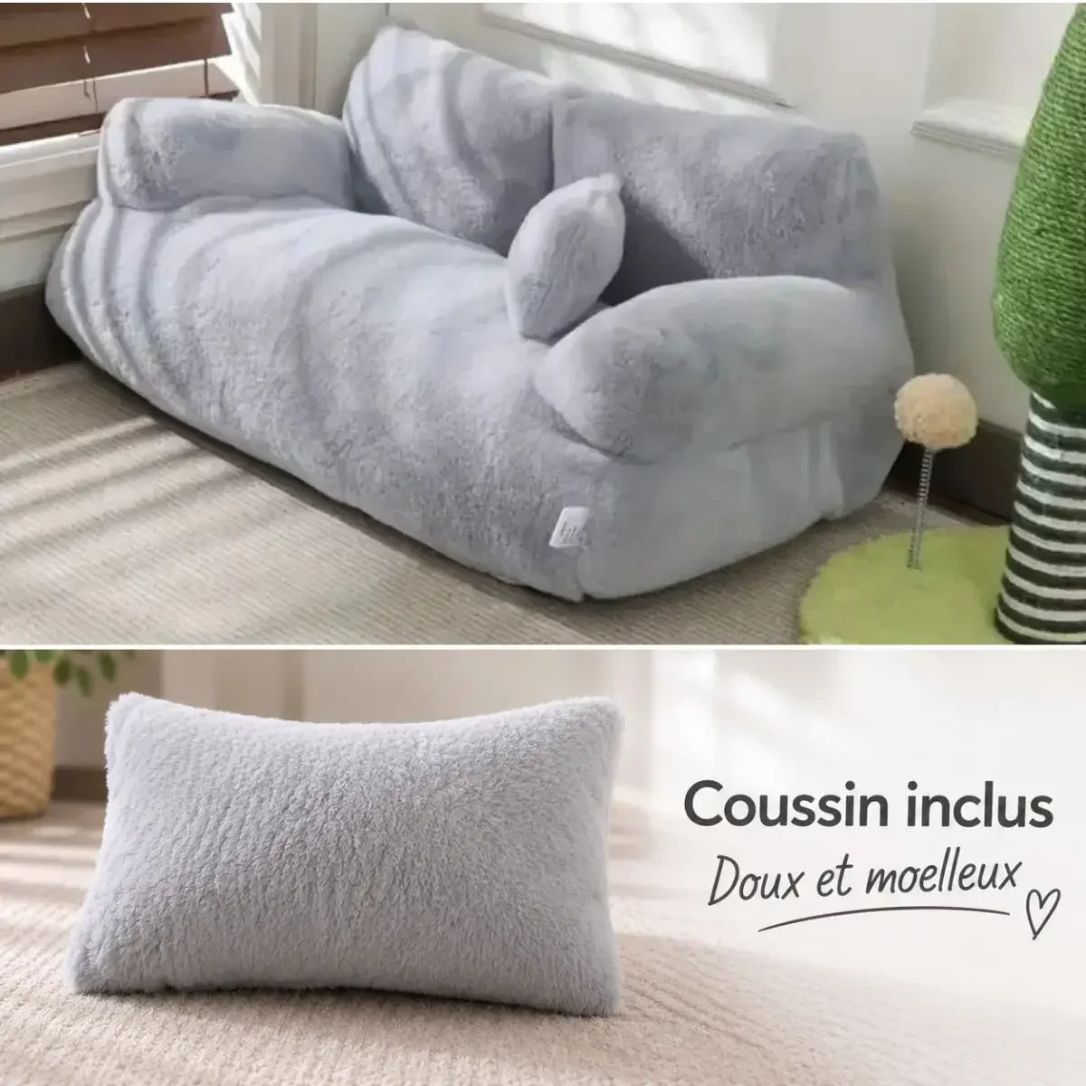 Canapé pour chien gris clair avec coussin assorti doux et moelleux inclus