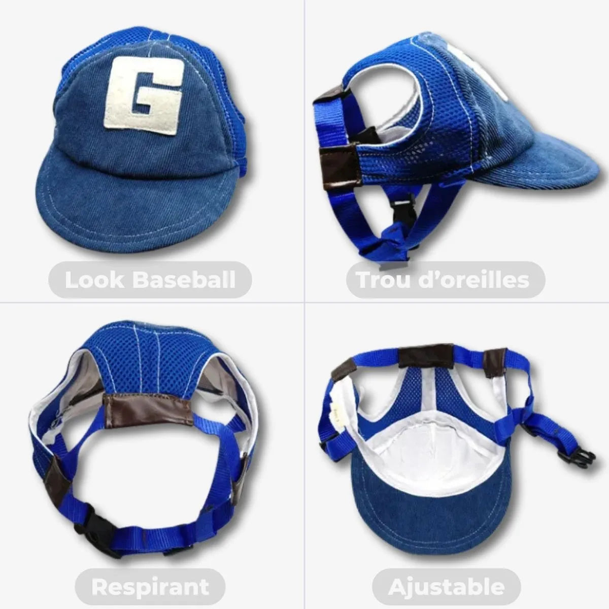 Casquette pour chien bleue style baseball, avec trou d'oreilles, respirante et ajustable