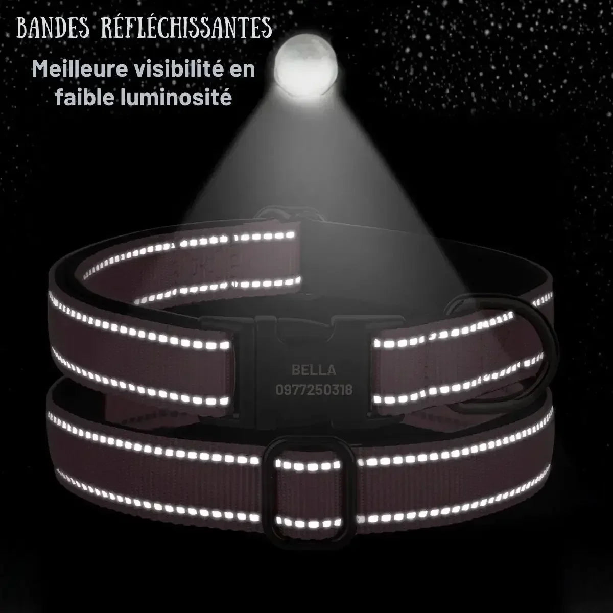 Bandes réfléchissantes du collier chien Lumyna™ pour une meilleure visibilité en faible luminosité