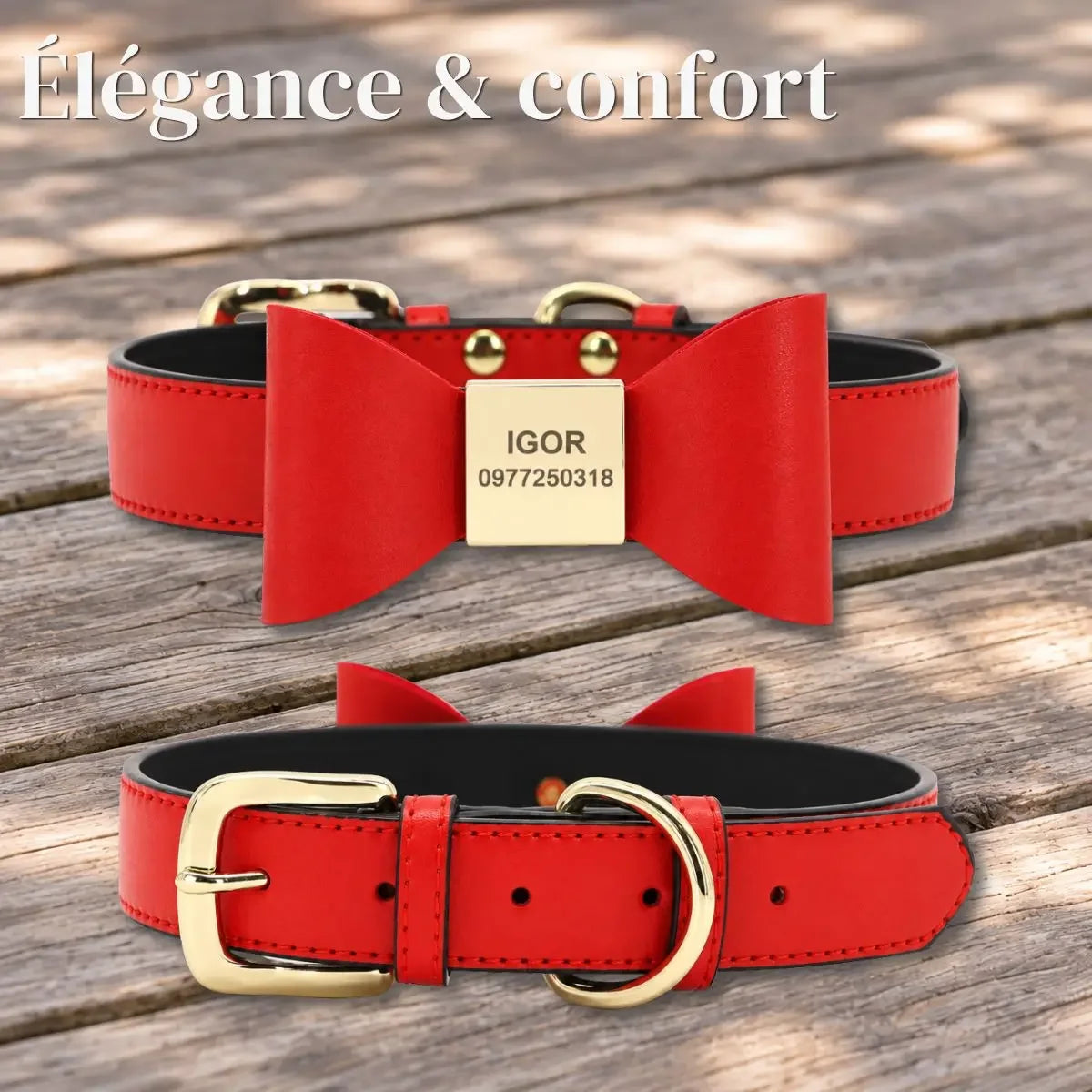Collier pour chien original rouge avec boucle dorée, prénom et numéro personnalisés, doublure confortable