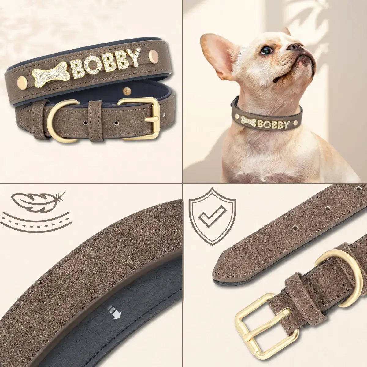Détails du collier pour chien personnalisé Bijoya™ : doublure intérieure, coutures, boucle et anneau D dorés, prénom avec charm