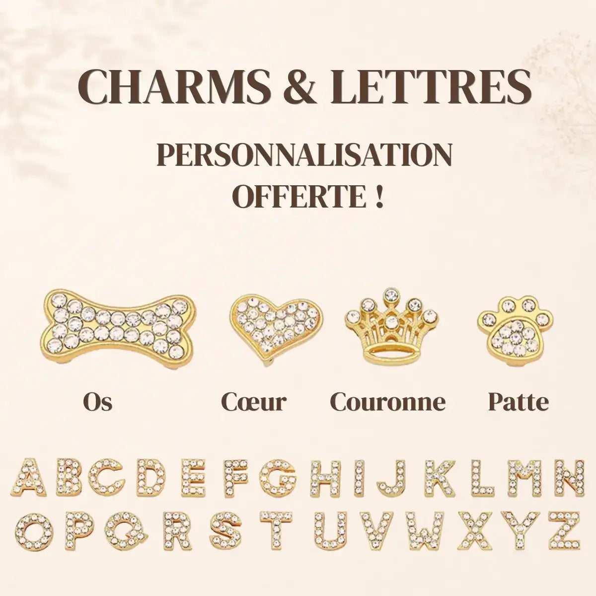 Charms dorés en strass du collier Bijoya™ (os, cœur, couronne, patte) et alphabet complet de lettres pour le prénom