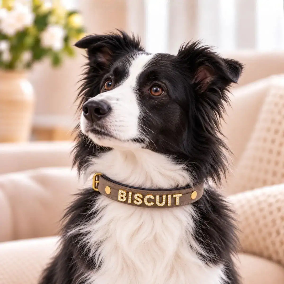 Collier pour chien personnalisé Bijoya™ taupe avec prénom BISCUIT en lettres dorées serties de strass, porté par un border collie