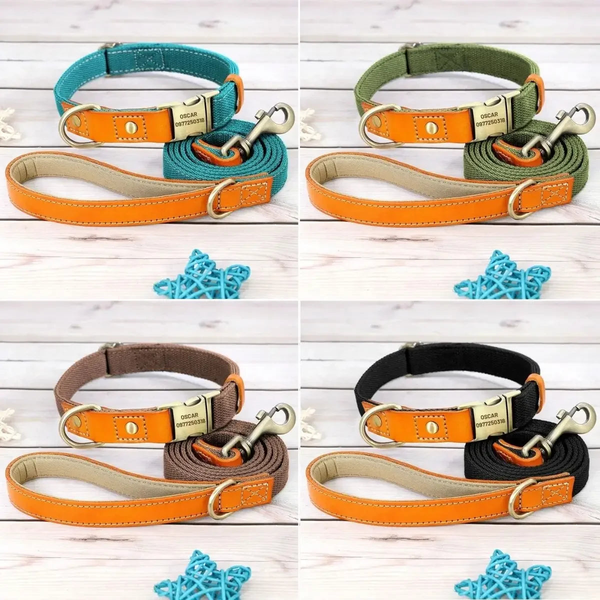 Duo collier pour chien personnalisé Stylish avec laisse assortie - 4 coloris