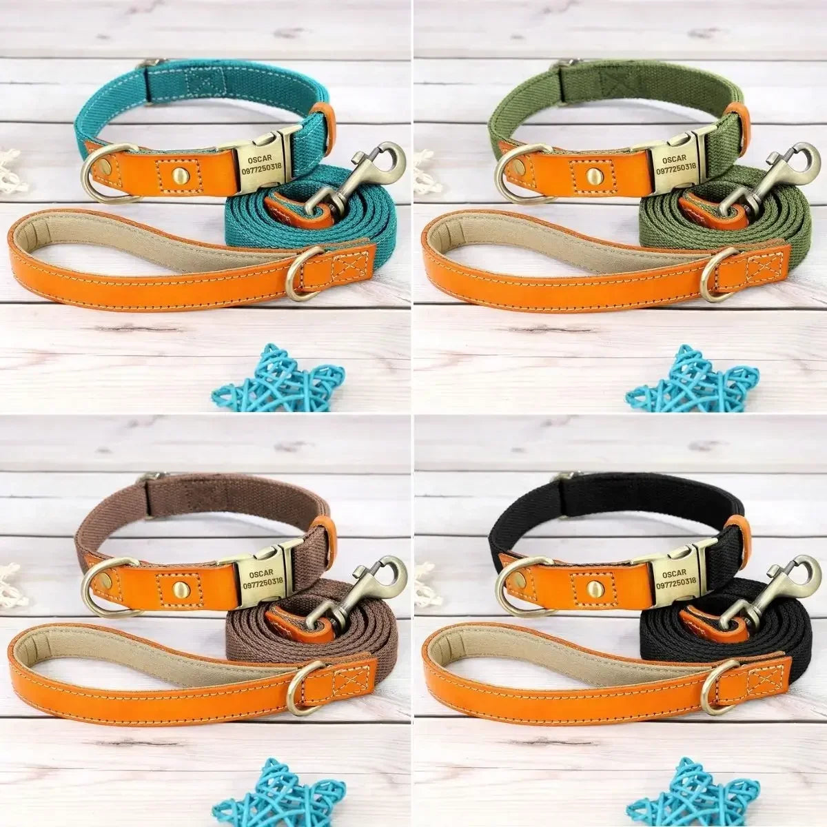 Duo collier pour chien personnalisé Stylish avec laisse assortie - 4 coloris