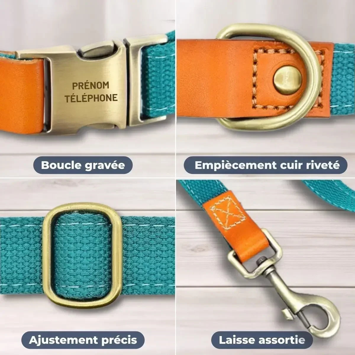 Détails du collier pour chien personnalisé Stylish™ et de sa laisse assortie : boucle gravée au laser, empiècement en cuir véritable riveté, ajustement précis et mousqueton de laisse.