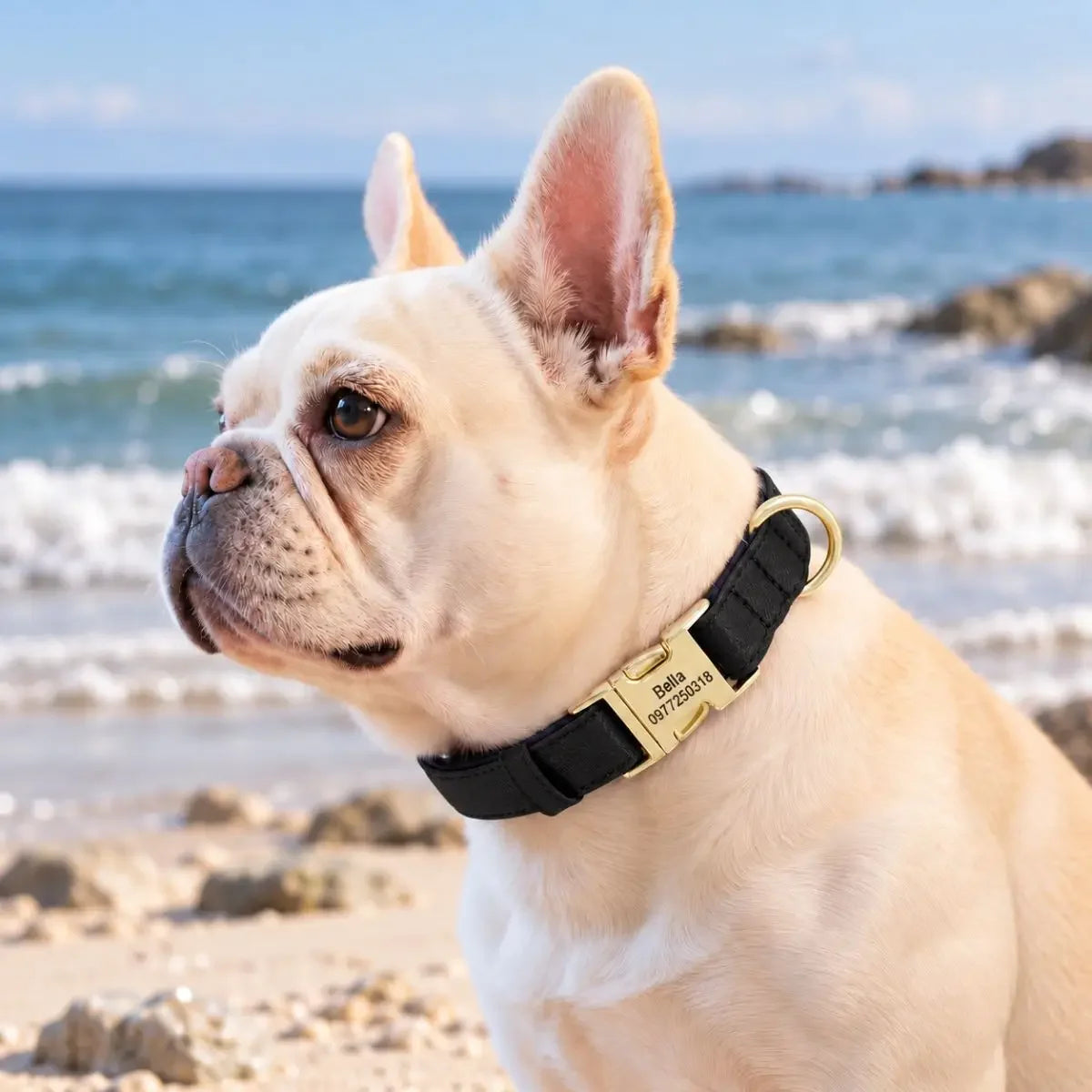 Collier pour chien personnalisé AquaID™ noir avec boucle dorée gravée, porté par un chien au bord de la mer