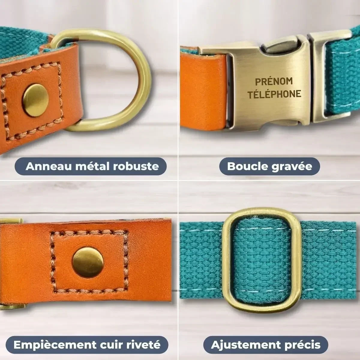 Détails du collier pour chien personnalisé Stylish™ avec empiècement cuir riveté, boucle gravée, anneau robuste et réglage précis