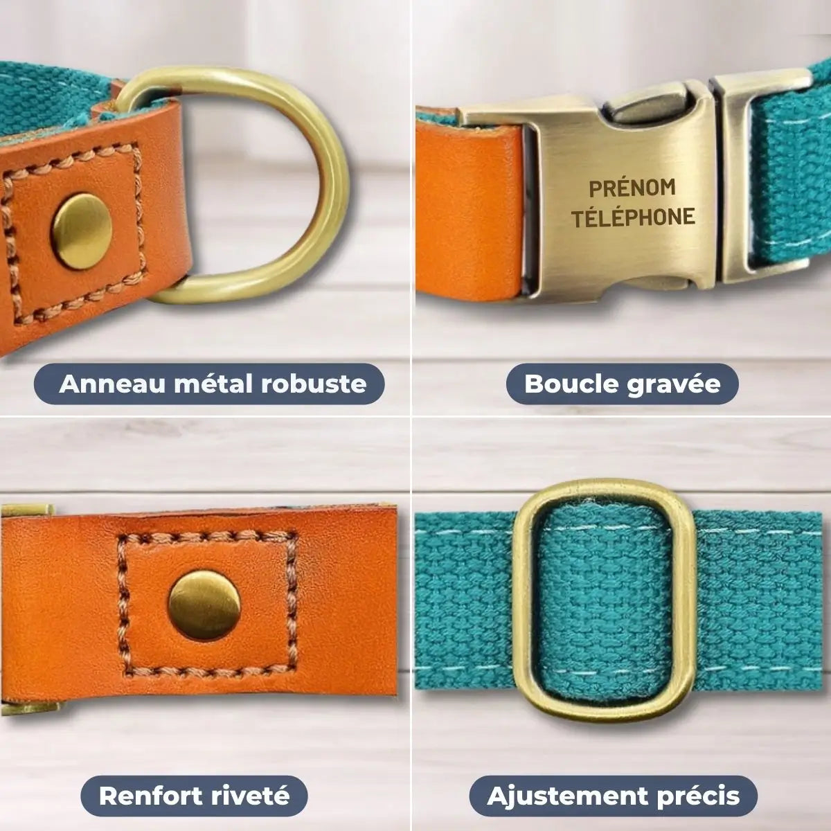 Détails du collier pour chien personnalisé Stylish : boucle gravée, anneau métal, renfort riveté et réglage ajustable