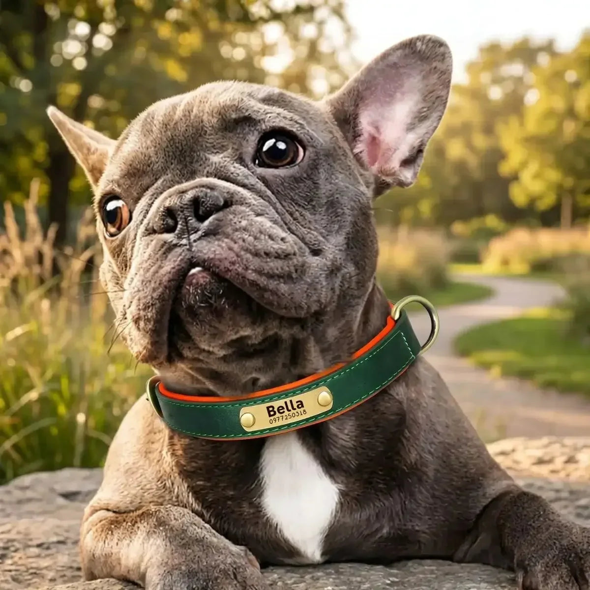 Collier pour chien personnalisé Veïla™ coloris vert forêt sur un bouledogue français.
