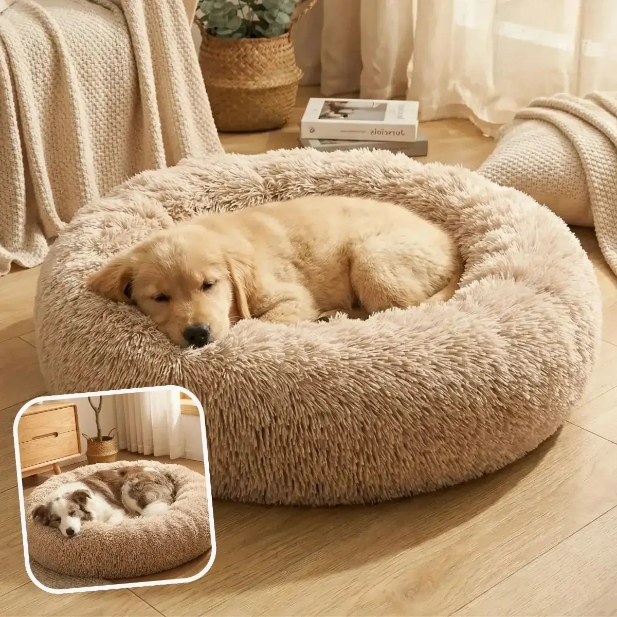 Coussin apaisant chien beige effet cocon
