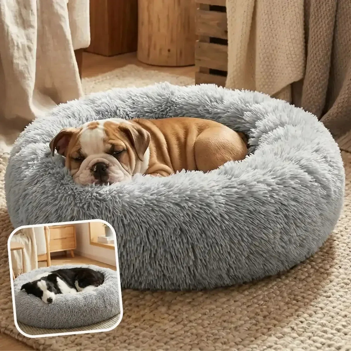 Coussin apaisant chien gris clair en forme de donut confortable