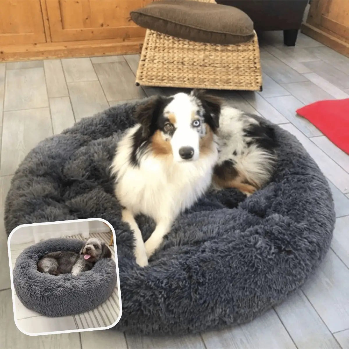 Coussin apaisant chien gris moelleux