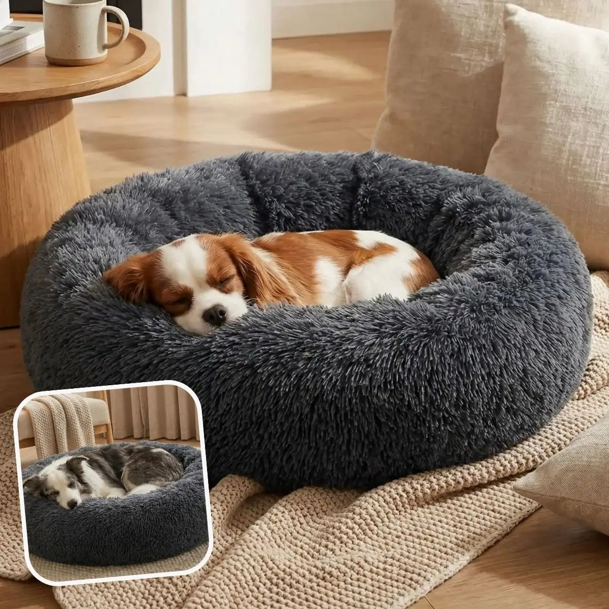 Coussin apaisant chien gris foncé moelleux et enveloppant