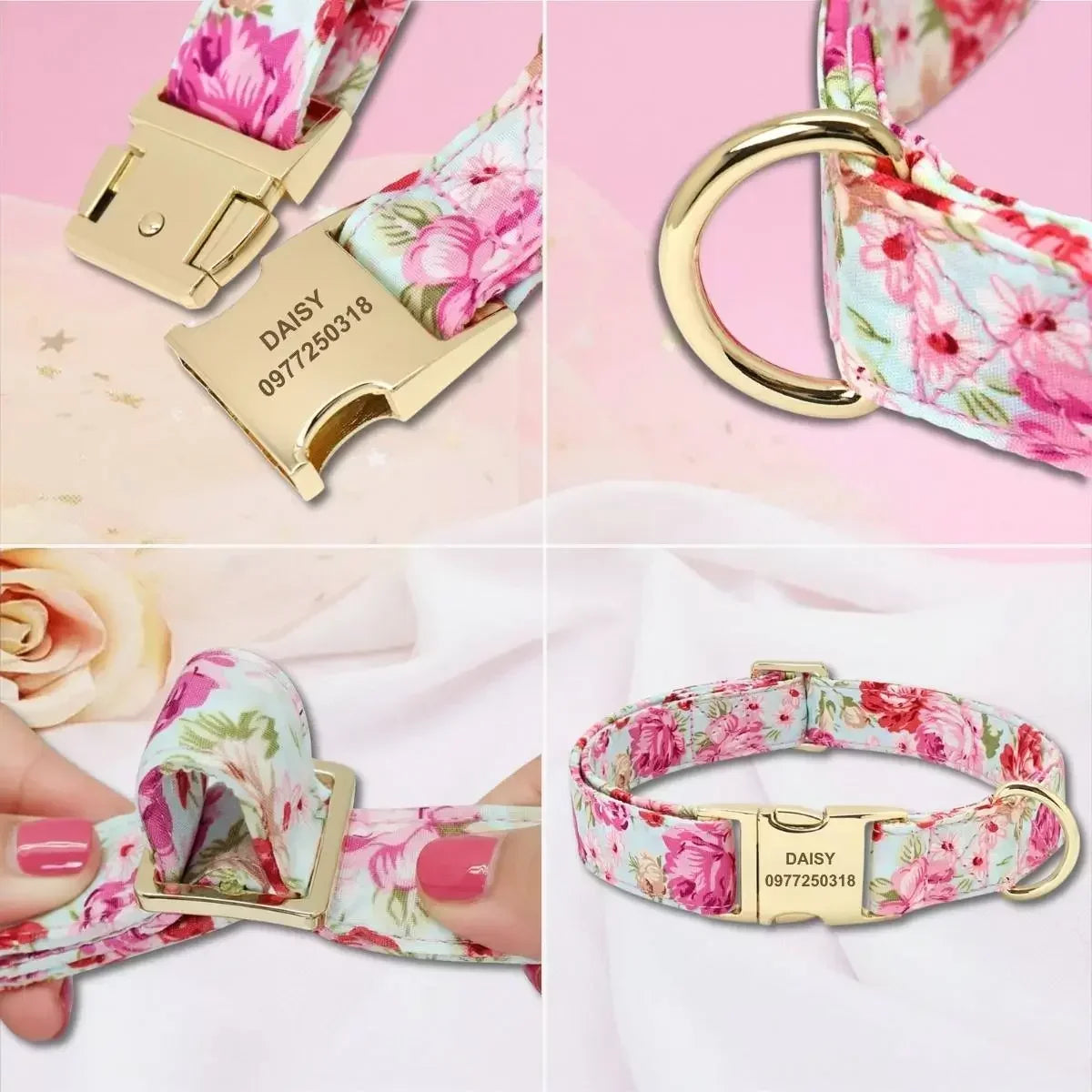 Détails de la boucle, de l’anneau et du réglage du collier chien personnalisé floral