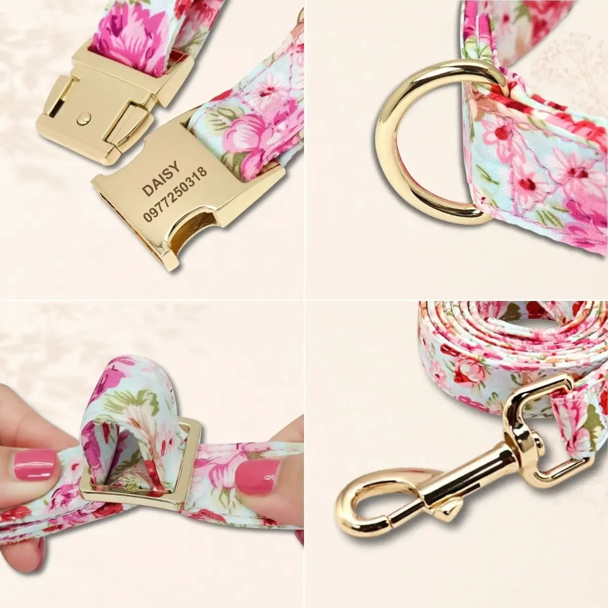 Détails du duo collier et laisse pour chien à motif floral avec boucle gravée au laser, anneau en D, réglage et mousqueton