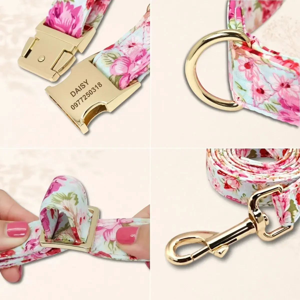 Détails du duo collier et laisse pour chien à motif floral avec boucle gravée au laser, anneau en D, réglage et mousqueton