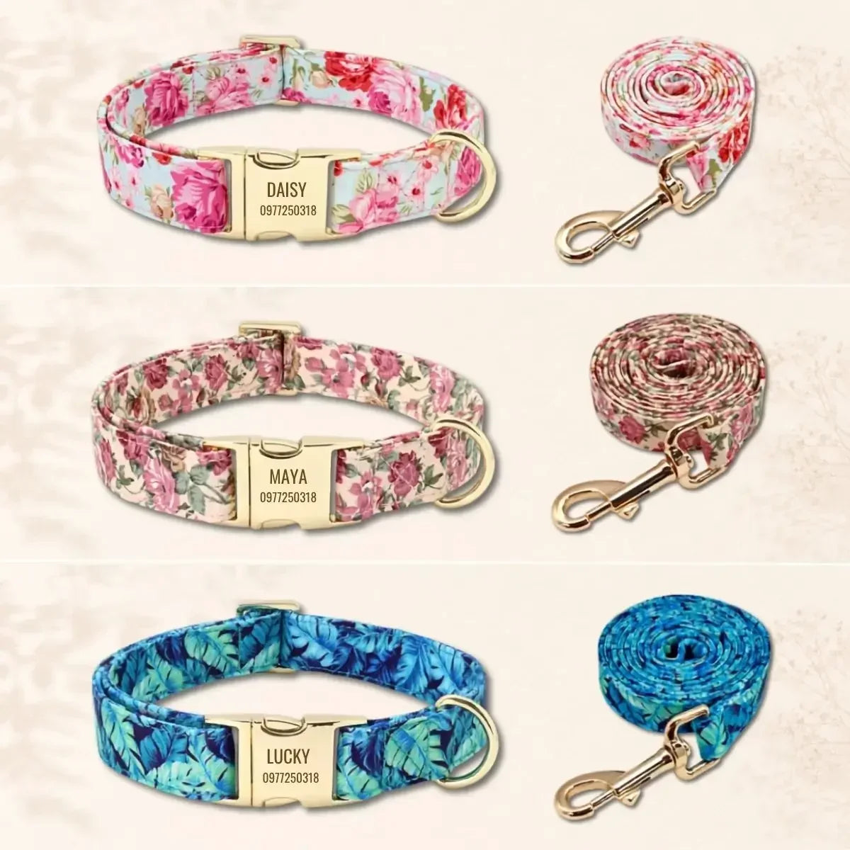 Trois ensembles collier et laisse pour chien rose, beige et bleu à motifs floraux