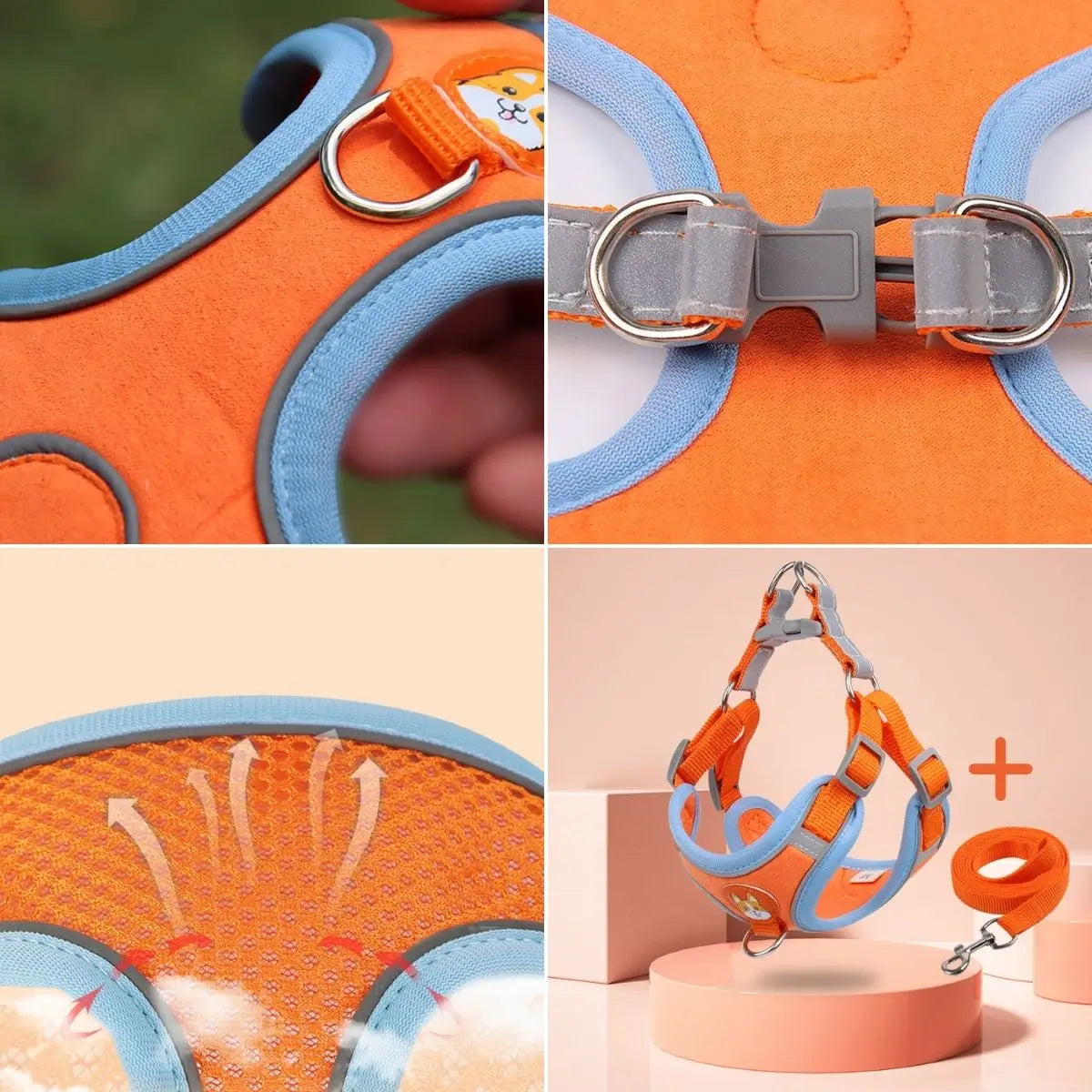 Détails du harnais petit chien respirant avec attache anti-traction et laisse