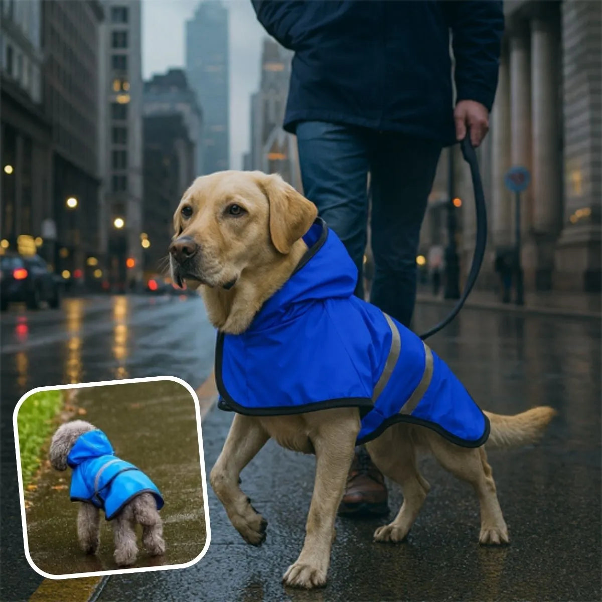 Imperméable chien bleu AquaProtect™ par temps pluvieux en ville