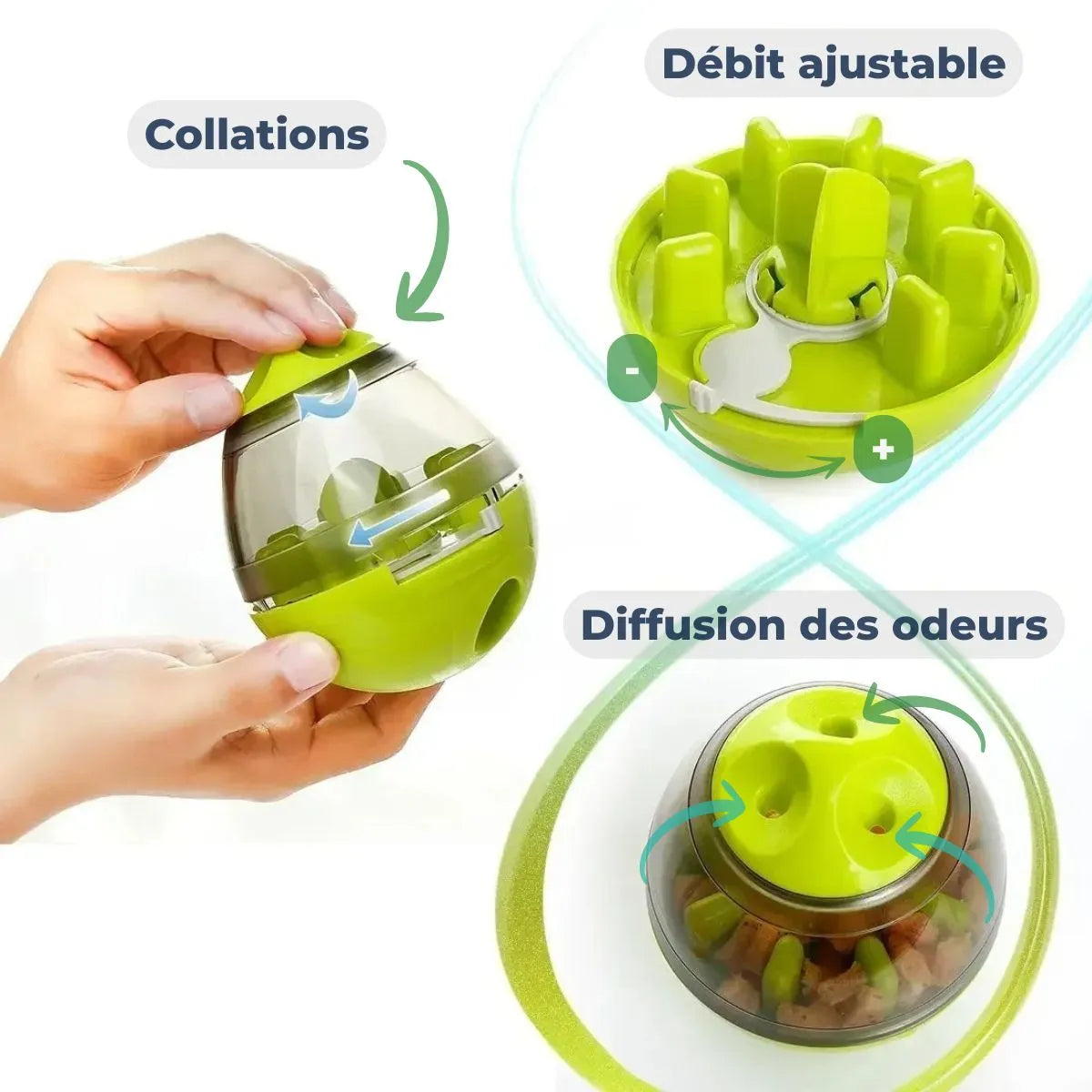 MagicBall™ : Jouet distributeur de croquettes avec débit réglable et diffusion odeur