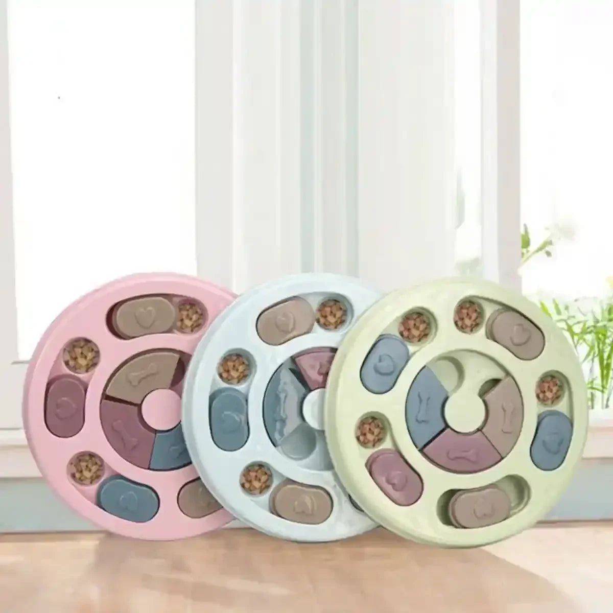 Puzzle chien PuzzlePlay™ : vue des 3 coloris disponibles (rose, bleu, vert)
