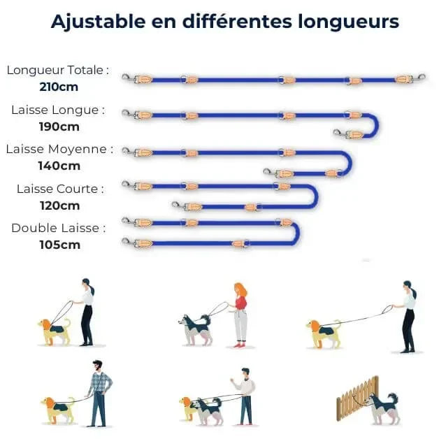 Laisse multiposition All-In-One™ ajustable en différentes longueurs : 105, 120, 140, 190 ou 210 cm