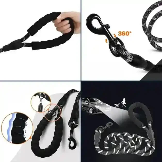 Laisse pour chien ComfyLeash™ : poignée rembourrée, attache rotative à 360°, petit anneau d'attache pour sachets à déjections et éléments réfléchissants