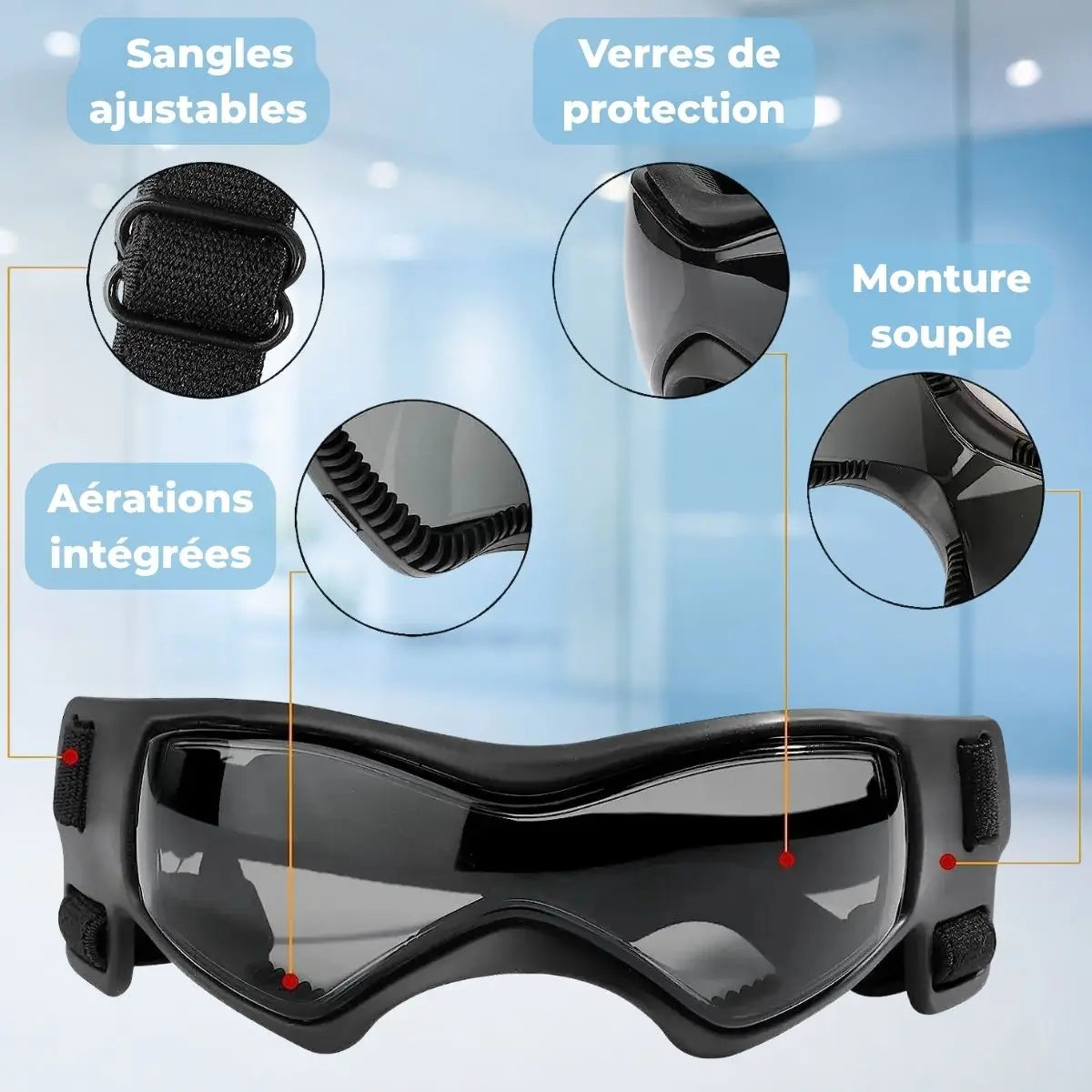 Lunette pour chien avec sangles ajustables, monture souple et aérations intégrées