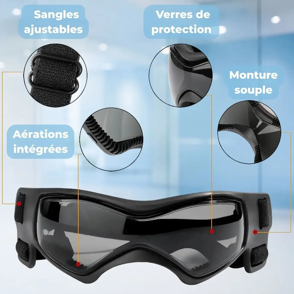 Lunette pour chien avec sangles ajustables, monture souple et aérations intégrées