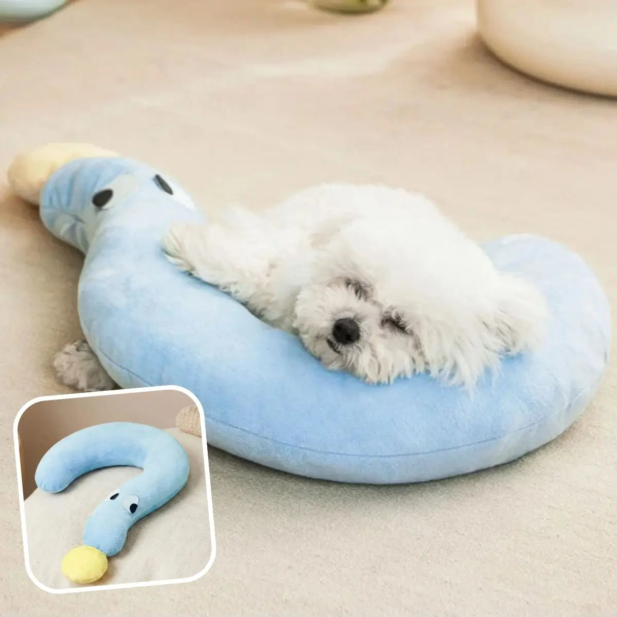 Coussin oreiller pour chien bleu à forme ergonomique et apaisante