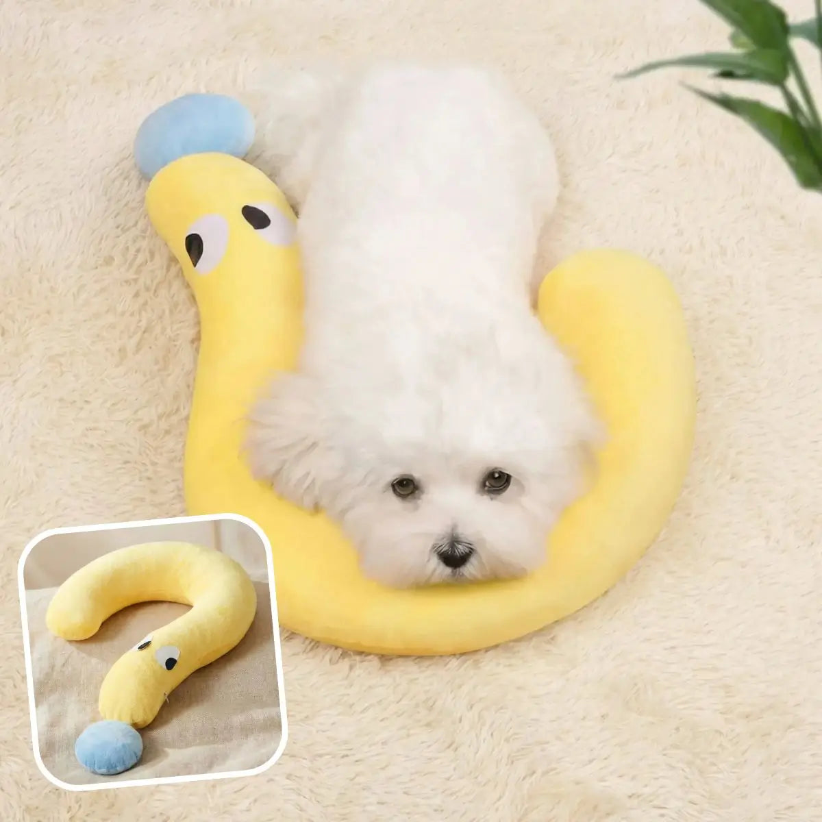 Coussin oreiller pour chien jaune taille S avec petit chien