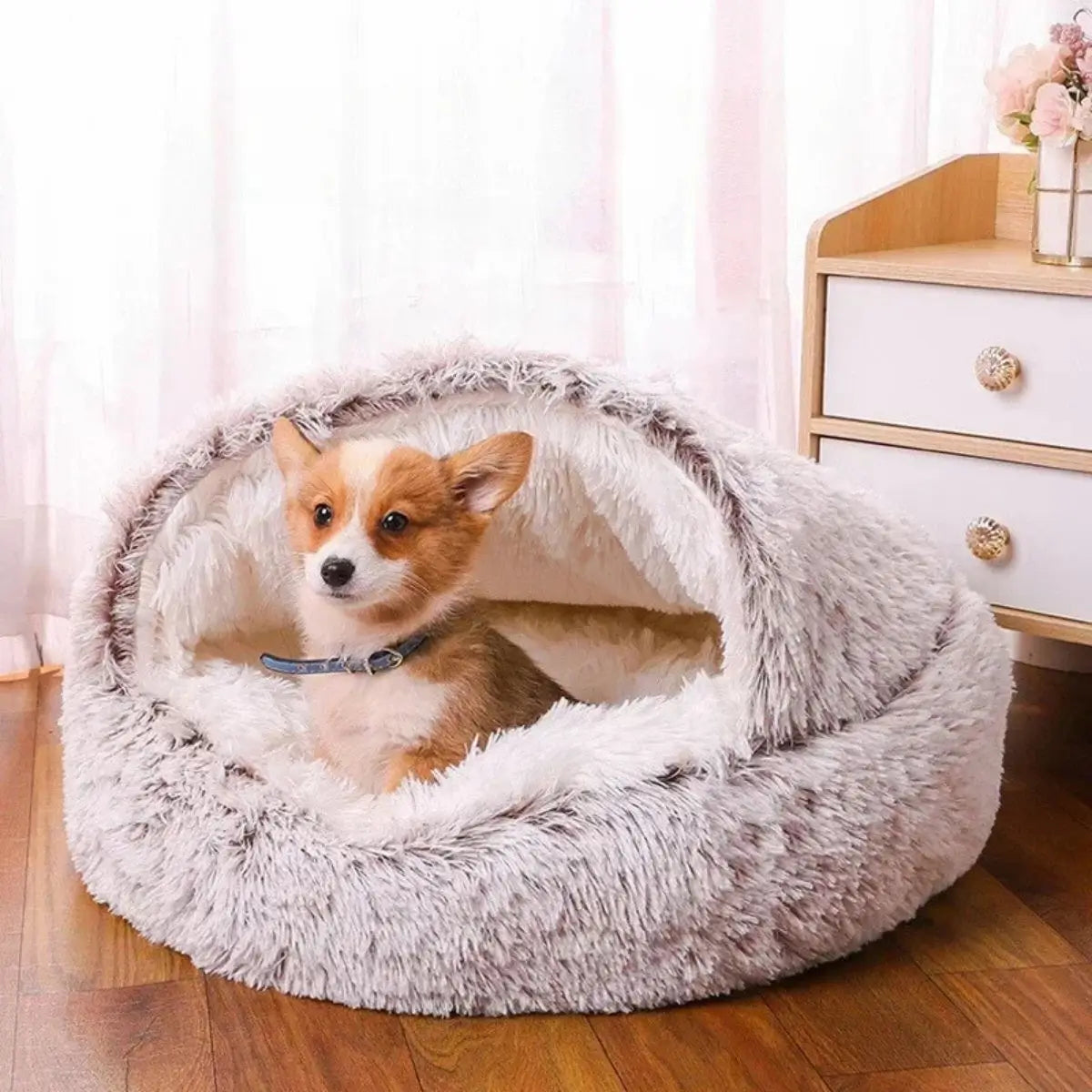 Panier igloo pour chien gris avec chiot