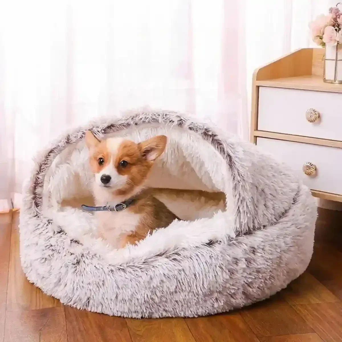 Panier igloo pour chien gris avec chiot