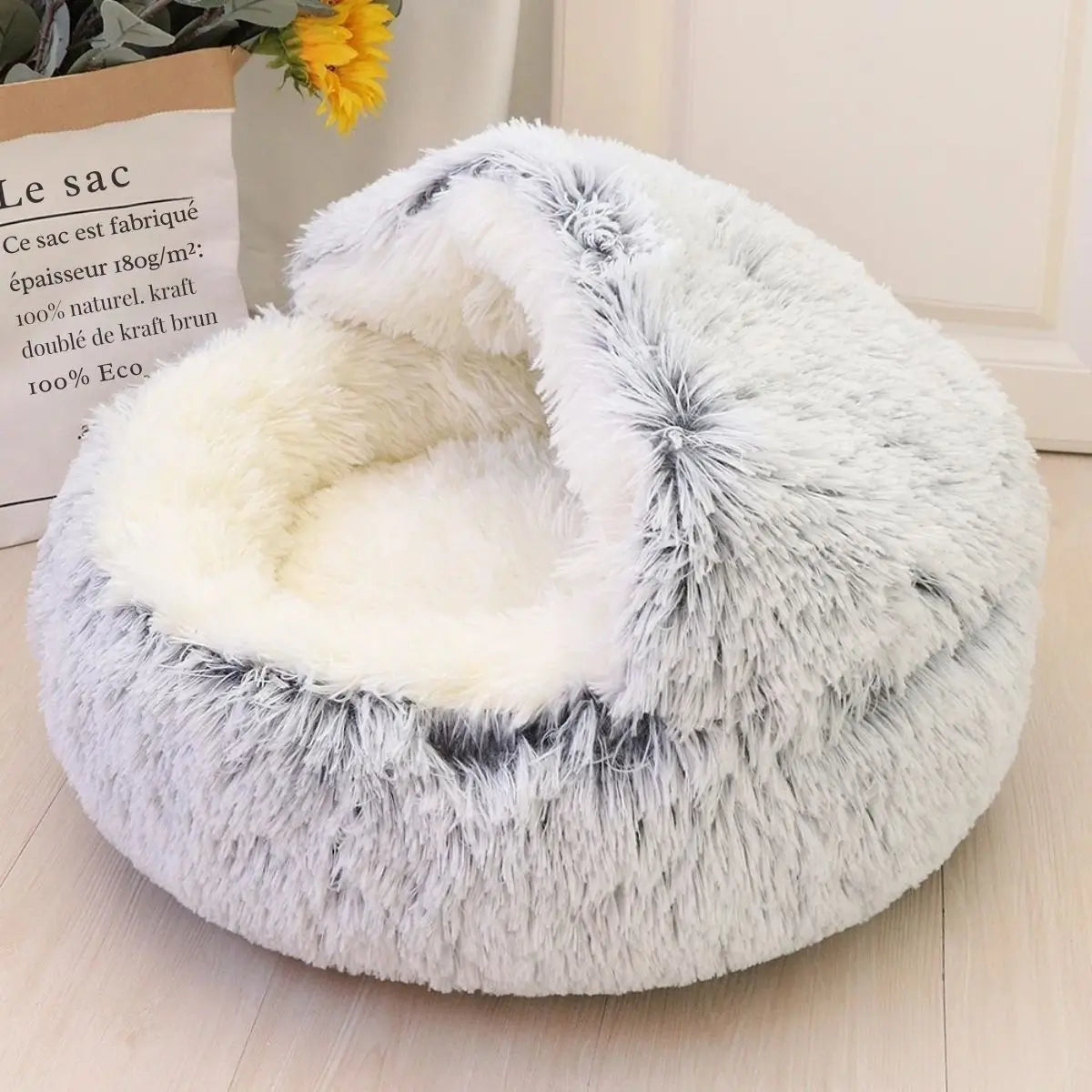 Panier grotte pour chien NiDoux™ gris en fausse fourrure