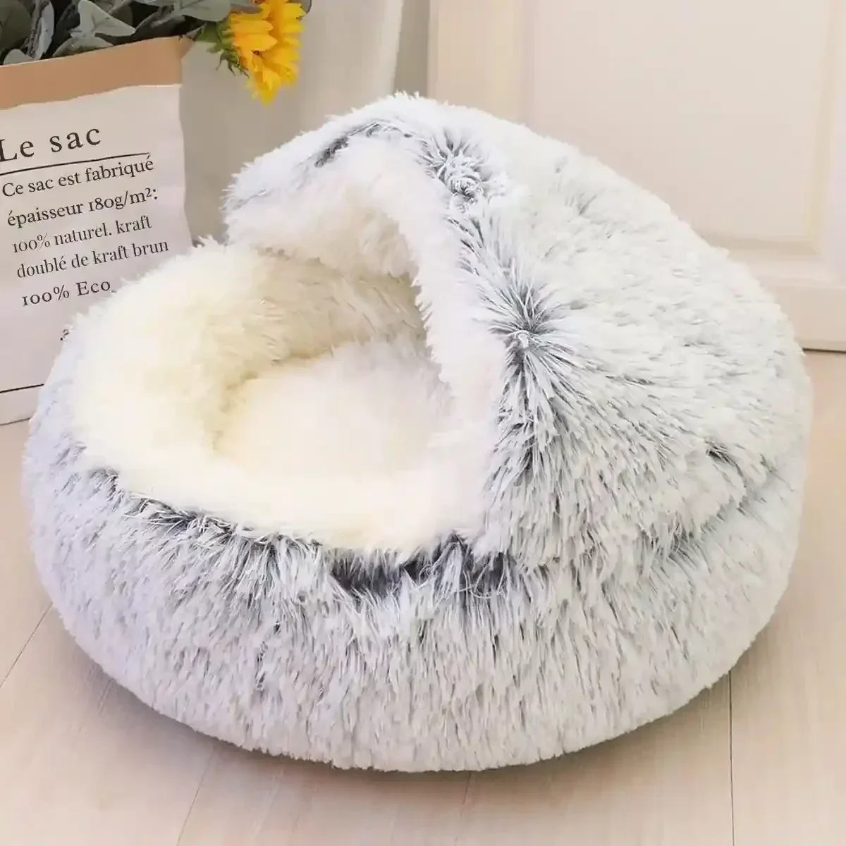 Panier grotte pour chien NiDoux™ gris en fausse fourrure