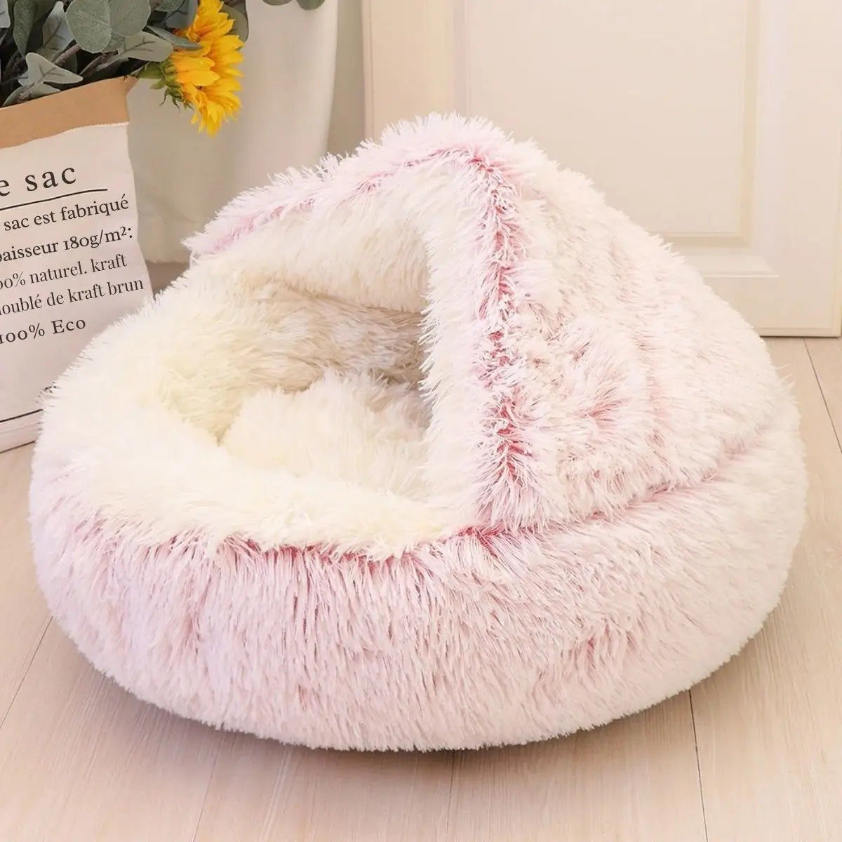 Panier igloo pour chien rose semi-fermé