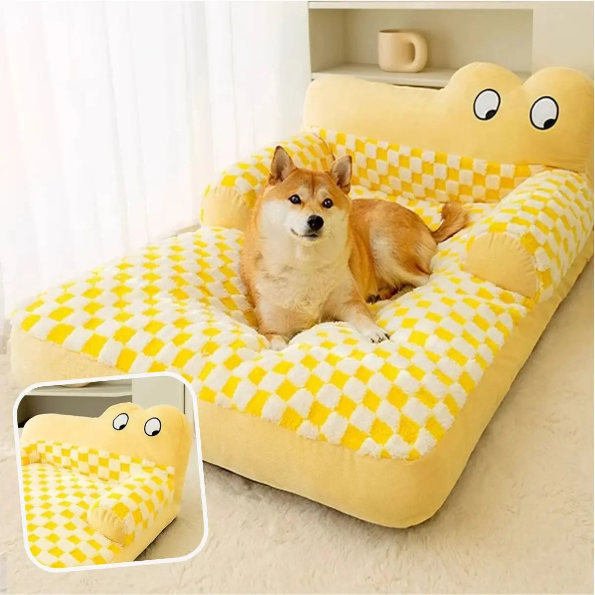 Panier pour chien original jaune avec coussin moelleux et motif à carreaux