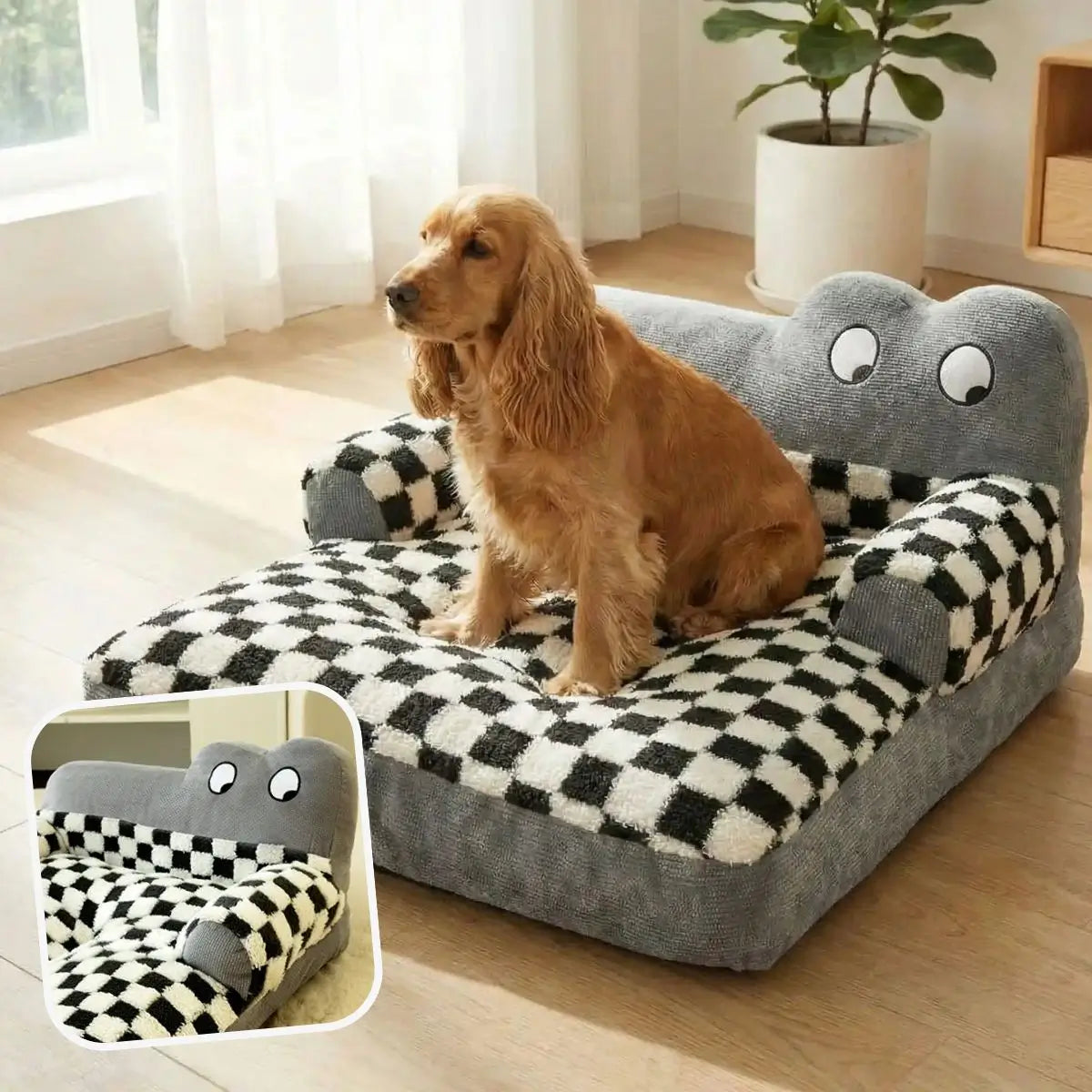 Panier pour chien original noir et blanc avec chien allongé dessus