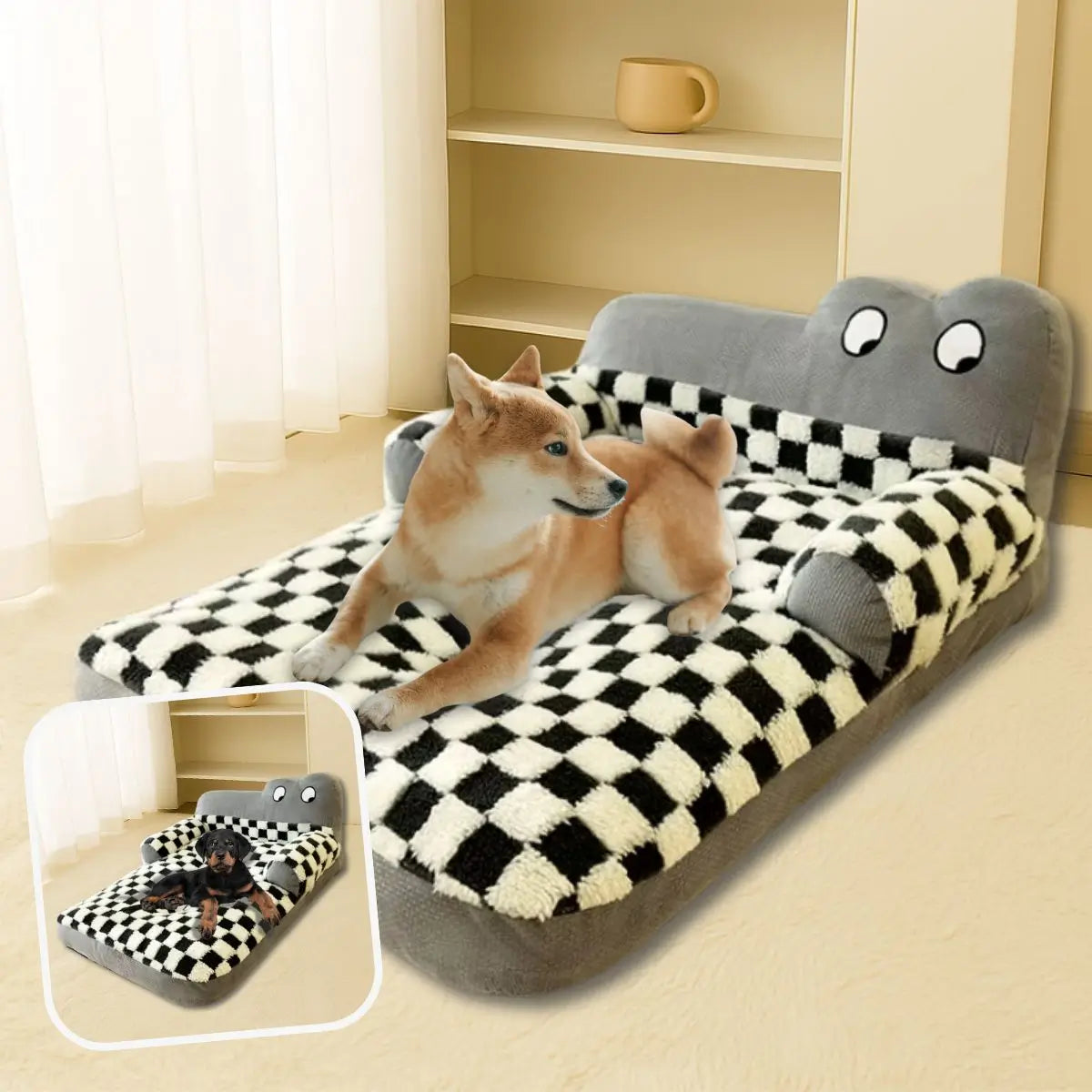 Panier pour chien original noir et blanc avec chien allongé dessus