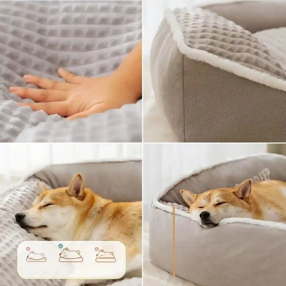 Détails du tissu doux et rembourrage du panier pour chien DooRêve™, confort optimal