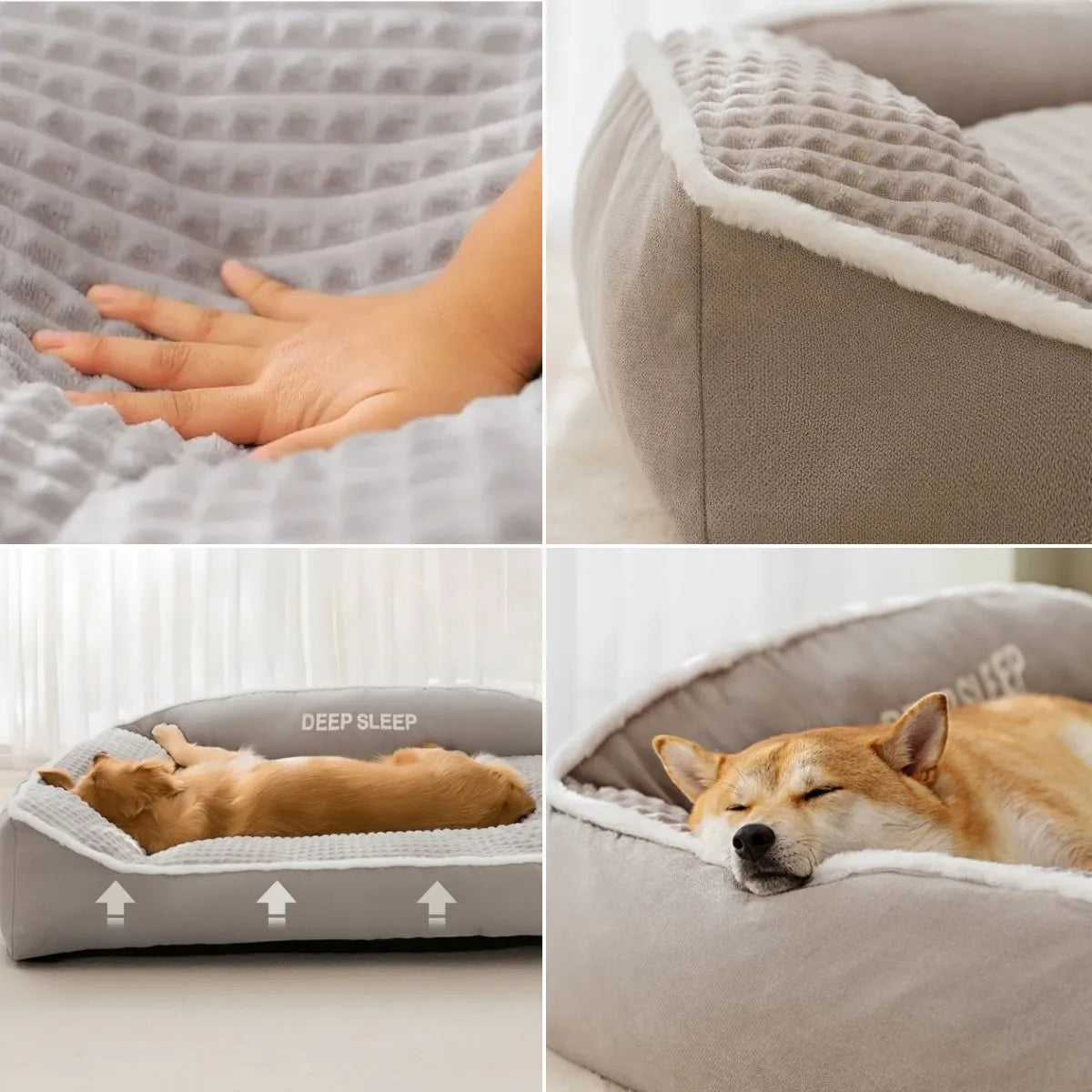 Détails du tissu doux et rembourrage du panier pour chien DooRêve™, confort optimal