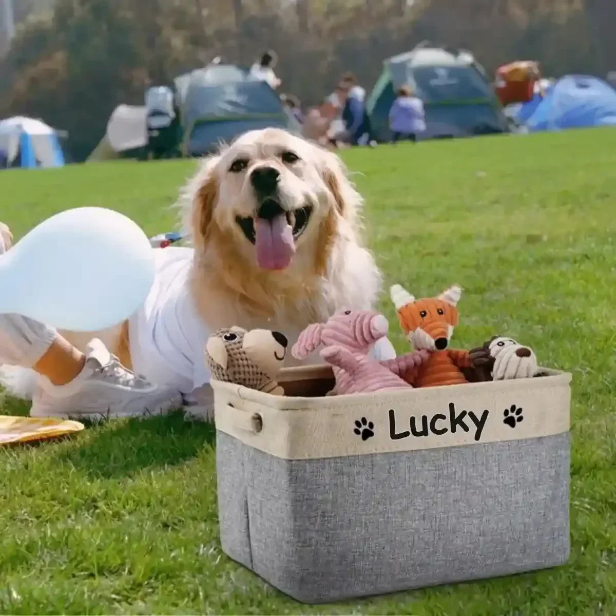 Panier rangement jouet chien gris