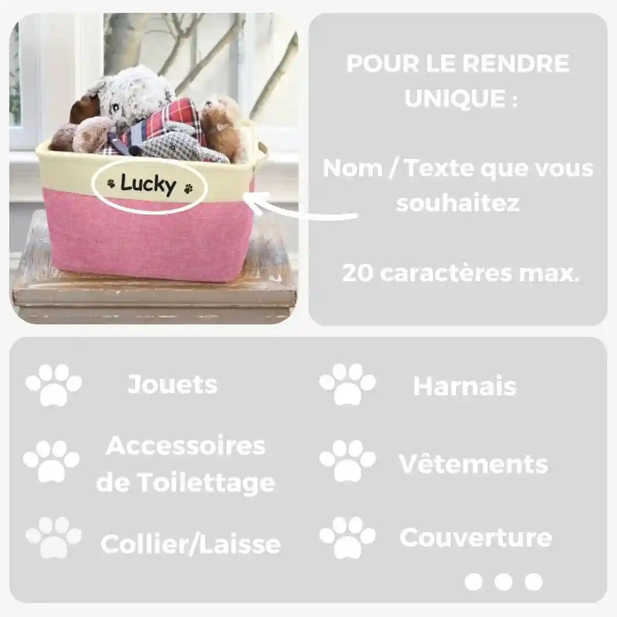 Panier rangement jouet chien personnalisé avec prénom
