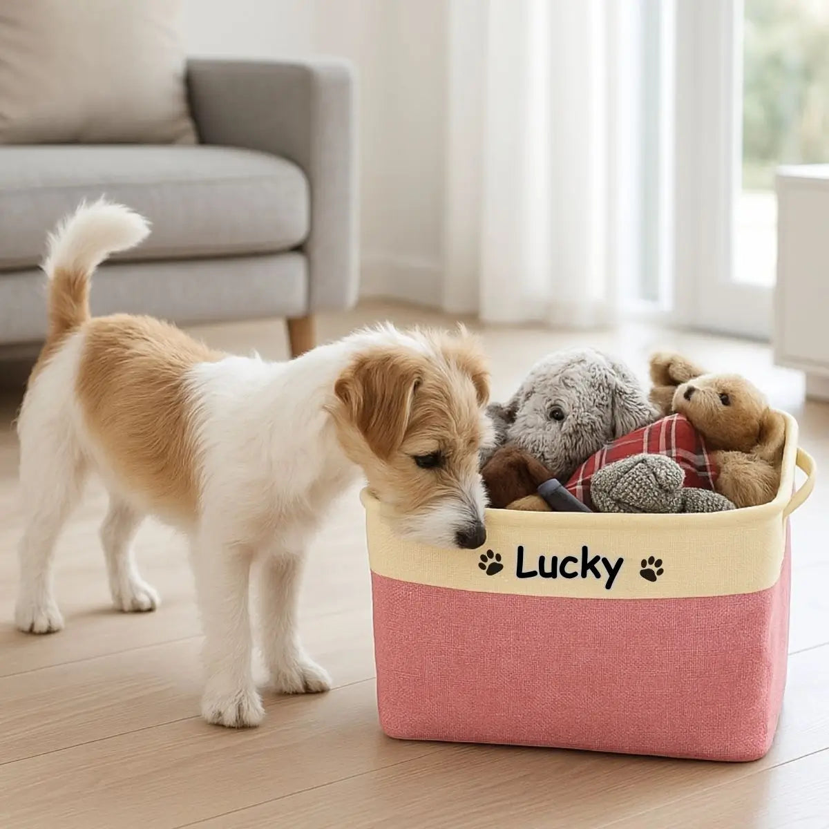 Panier rangement jouet chien rose avec jouets